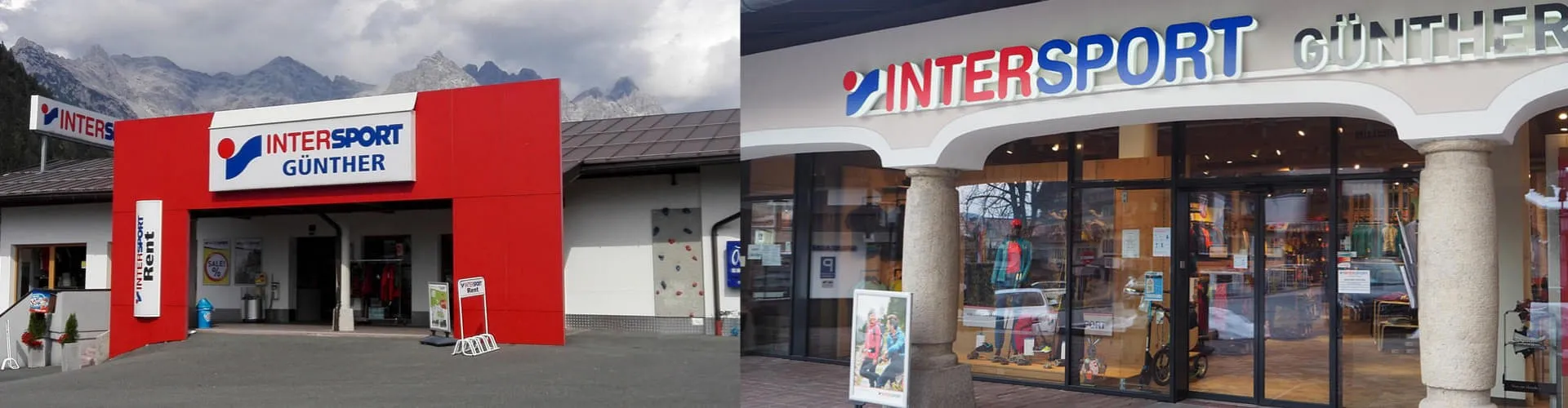 Das Bild zeigt die beiden Eingangsbereiche der beiden&nbsp;INTERSPORT G&uuml;nther Filialen, links in St. Ulrich und rechts in Fieberbrunn.