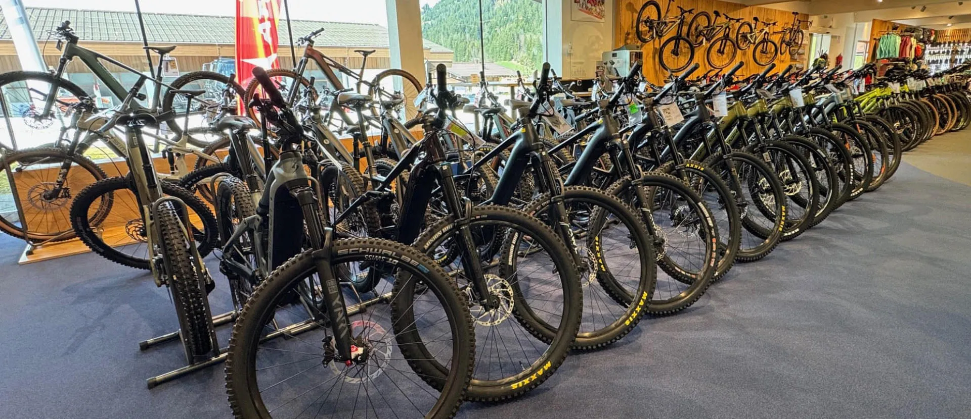 Das Bild zeigt eine gro&szlig;e Auswahl an Mountainbikes, die in mehreren Reihen im Verkaufsraum von INTERSPORT G&uuml;nther ausgestellt sind