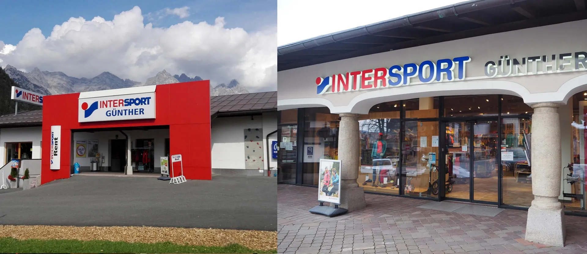 Das Bild zeigt die beiden Eingangsbereiche der beiden&nbsp;INTERSPORT G&uuml;nther Filialen, links in St. Ulrich und rechts in Fieberbrunn.